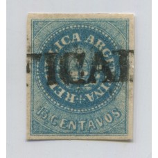 ARGENTINA 1862 GJ 09 ESCUDITO de 15 Cts. EJEMPLAR CON MATASELLO CERTIFICADO DE MENDOZA CON PEQUEÑOS ADELGAZAMIENTOS, AMPLIOS MARGENES U$ 245 + 100 %
